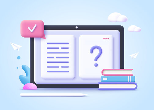 Concept of online education. Book pages and question mark, learning resources, study course, exam preparation, review knowledge, short summary, write essay. 3d realistic vector illustration.