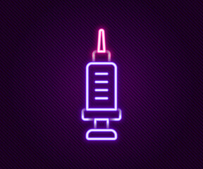 Glowing neon line Addiction to the drug icon isolated on black background. Heroin, narcotic, addiction, illegal. Sick junkie with a syringe and medical pills. Colorful outline concept. Vector