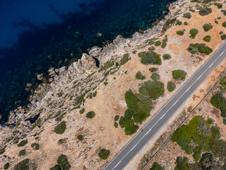 cyclists in bird's eye view, Carretera Militar, Cap Blanc, Llucmajor, Mallorca, Balearic Islands,...