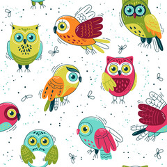 Multicolored owls - seamless pattern. Loop pattern for fabric, textile, wallpaper, posters, gift wrapping paper, napkins, tablecloths. Print for kids, children. Children's pattern