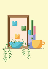 Concept of workplace, call center or office, with plant and cup isolated on yellow background. Vector illustration in a flat style. Vector illustration