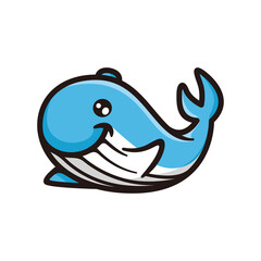 Smilling fun blue whale cartoon style with black line art bue colored and shadow detail illustration vector