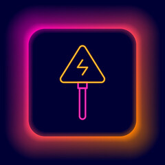 Glowing neon line High voltage sign icon isolated on black background. Danger symbol. Arrow in triangle. Warning icon. Colorful outline concept. Vector