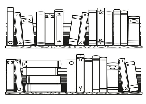 Stylized black and white books on the shelf. Coloring for adult. Printable Bullet Journal Insert Books Tracker