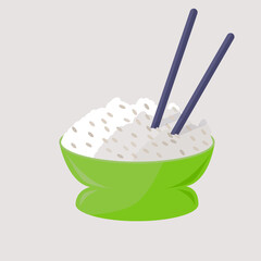 Bowl of rice with chopsticks isolated vector illustration.