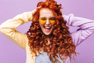 Portrait of curly naughty redhead girl in yellow sunglasses posing on isolated background