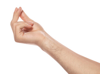 Man holding something on white background, closeup