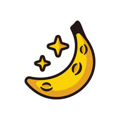 Half moon banana and two stars yellow color fun cartoon illustration black line art with shadow detail vector