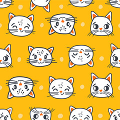 Cat seamless pattern. Cute kittens on a mustard polka dot background. Childrens characters in Scandinavian hand-drawn cartoon style. For children's fabrics, textiles, stationery.