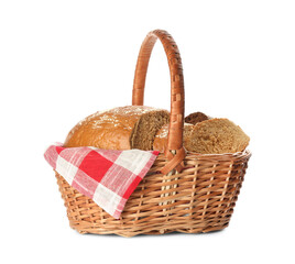 Fresh rye bread in basket on white background