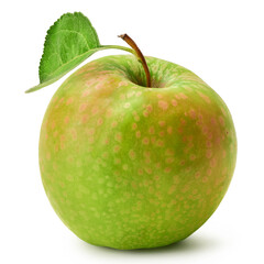 Fresh Granny Smith apple with green leaf isolated on a white background.