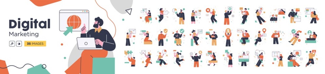 Social Media Marketing illustrations. Mega set. Collection of scenes with men and women taking part in business activities. Trendy vector style - obrazy, fototapety, plakaty