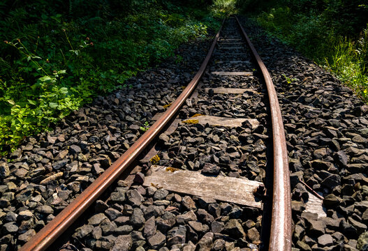 Gleise Schienen Schmalspur Grubenbahn Schwellen Schotter Profil Eisenbahn Kohle Ruhrgebiet Natur Kurve Vegetation Muttenthal Witten Pott Zug Rost Nostalgie