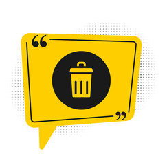 Black Trash can icon isolated on white background. Garbage bin sign. Recycle basket icon. Office trash icon. Yellow speech bubble symbol. Vector