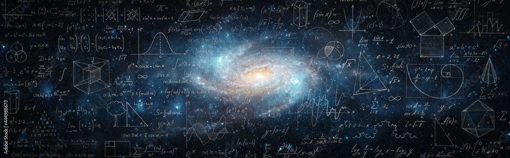 Poster mathematical and physical formulas against the background of a galaxy in universe. space background 