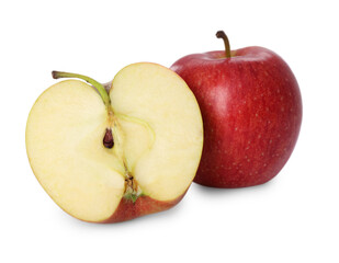 Whole and cut apples on white background