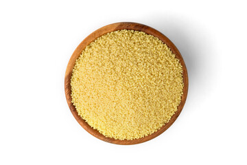 Dry couscous in wooden bowl isolated on white background.