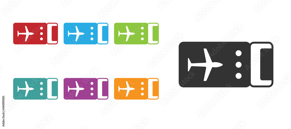 Sticker Black Airline ticket icon isolated on white background. Plane ticket. Set icons colorful. Vector