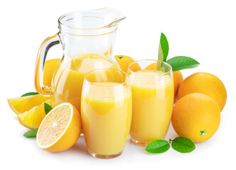 Yellow orange fruits and fresh orange juice isolated on white background.