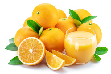 Yellow orange fruits and glass of fresh orange juice isolated on white background.