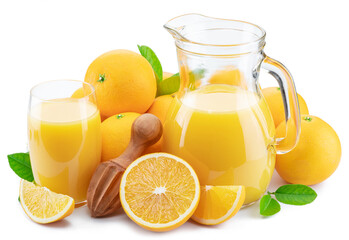 Yellow orange fruits and carafe of fresh orange juice isolated on white background.