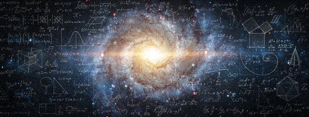 Mathematical and physical formulas against the background of a galaxy in universe. Space Background...