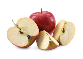 Whole and cut apples on white background
