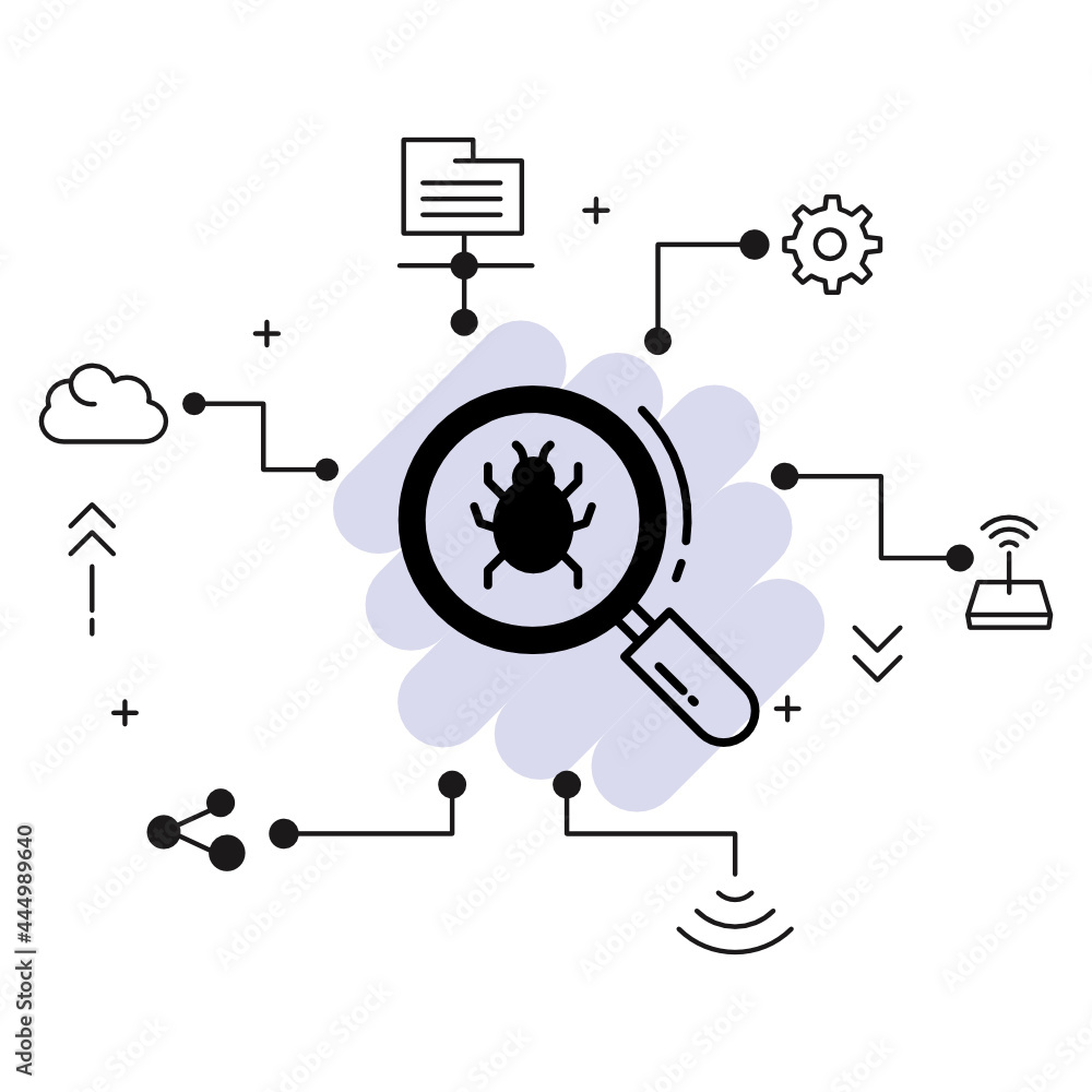 Aufkleber bug finder concept, spyware scanning sign stock illustration, malware virus scan vector glyph icon d
