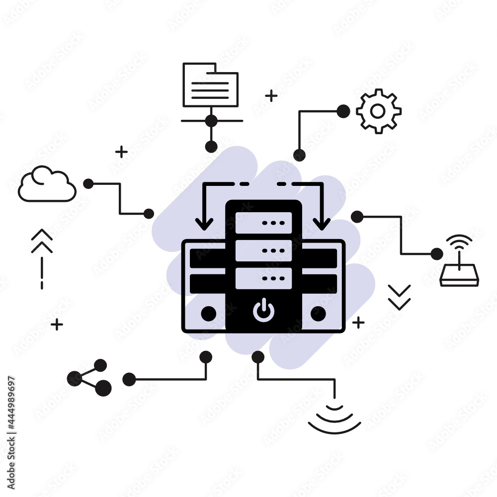 Poster inter linked server pc vector icon design, cloud computing and internet hosting services symbol, mas