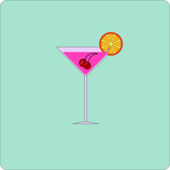 Cosmopolitan pink cocktail with cherry and orange slice in a special glass.