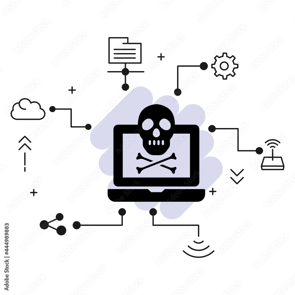 Poster death screen concept, computer virus vector icon design, cloud computing and internet hosting servic