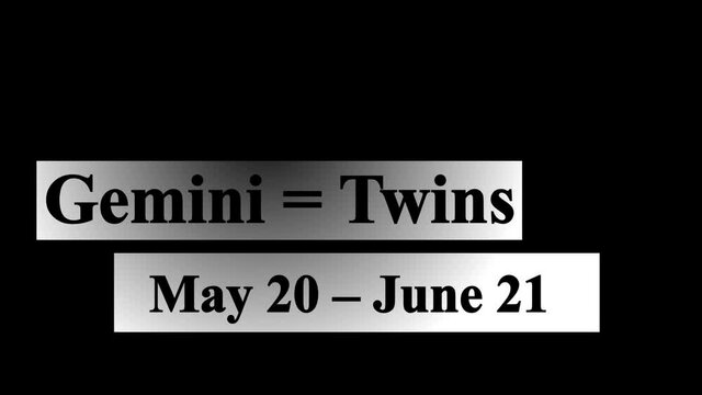 Gemini star sign horoscope lower third in metallic text in alpha channel high resolution (transparent background).