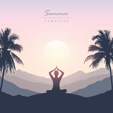 Peace Of Mind Meditation Concept Silhouette With Mountain Palm Background