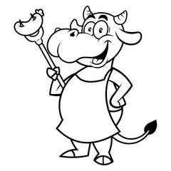 Black and white cartoon illustration of Big Fat Cow holding a sausage with fork and ready to grilled, best for coloring book for children with beef product themes