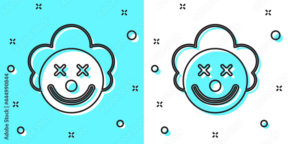 Poster black line clown head icon isolated on green and white background. random dynamic shapes. vector