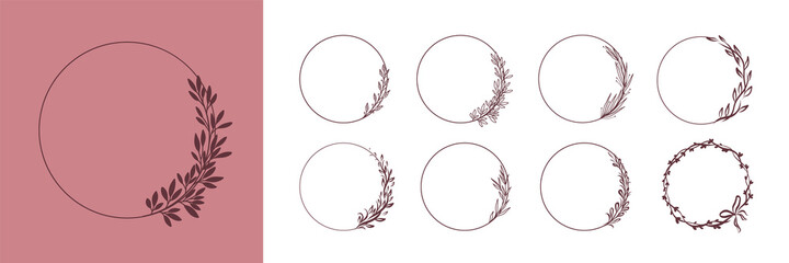 Collection of elegant floral wreaths. Floral round frames from flowers, branches and leaves, laurel. Decorative elements for design. Vector illustration  isolated on white background