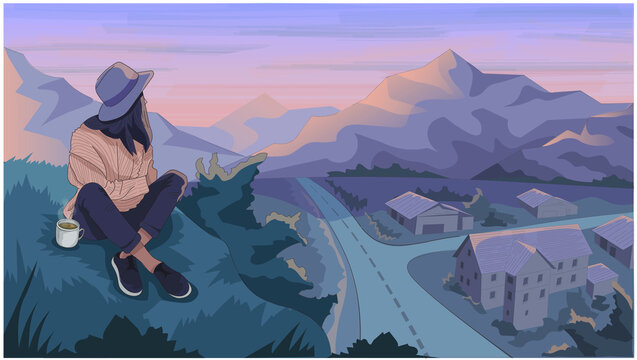Dawn. Girl with a cup of coffee wearing brimmed hat chilling on the top of the mountain, watching mountains and bird's eye view of the town. Calm and soft lo fi mood.