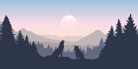 wolf pack in forest with mountain landscape