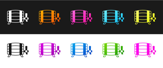 Set Wooden barrel icon isolated on black and white background. Alcohol barrel, drink container, wooden keg for beer, whiskey, wine. Vector