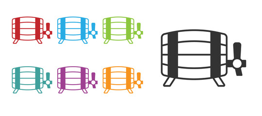 Black Wooden barrel icon isolated on white background. Alcohol barrel, drink container, wooden keg for beer, whiskey, wine. Set icons colorful. Vector