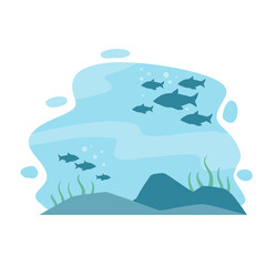 Underwater world. Blue water and bottom with sea animals. Fish and jellyfish. Ocean landscape and background. Flat illustration