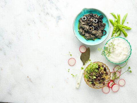 Olive tapenade, Roasted aubergine and black bean dip and roasted garlic dip