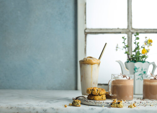 Crunchy Choc Chip Cookies, Hot Chocolate and Whipped Iced Coffee