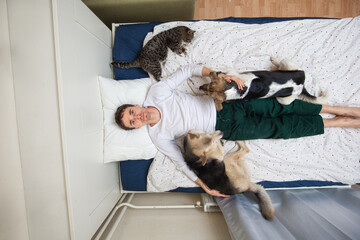 Man dogs and cat lying on bed with blue sheet