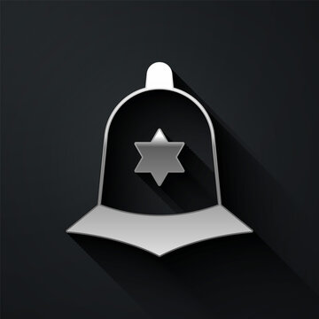 Silver British police helmet icon isolated on black background. Long shadow style. Vector