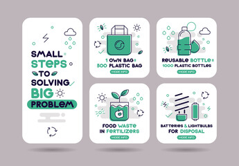 A set of banners of posts on the topic of ecology "Small steps to solving a big problem". Infographic reminder of an eco-friendly lifestyle. Bag, bottle, waste, batteries. light bulb, recycling.
