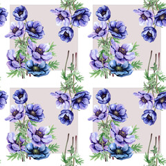 Seamless pattern with bouquets of purple anemone flowers, poppies on a stem with green leaves. Hand-drawn watercolor on a white background with squares for textiles, fabric, scrapbooking, packaging.