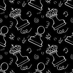 chess pieces on black background. seamless pattern. for printing on fabrics, packaging, stationery, wallpaper, children's things. doodle illustration chess. international chess day