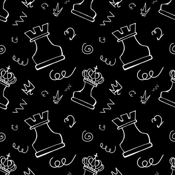chess pieces on black background. seamless pattern. for printing on fabrics, packaging, stationery, wallpaper, children's things. doodle illustration chess. international chess day