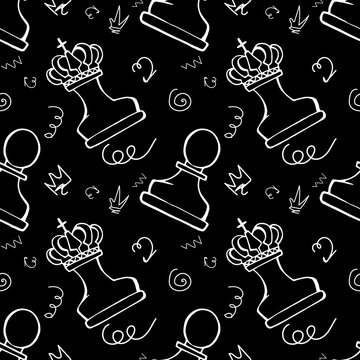 chess pieces on black background. seamless pattern. for printing on fabrics, packaging, stationery, wallpaper, children's things. doodle illustration chess. international chess day